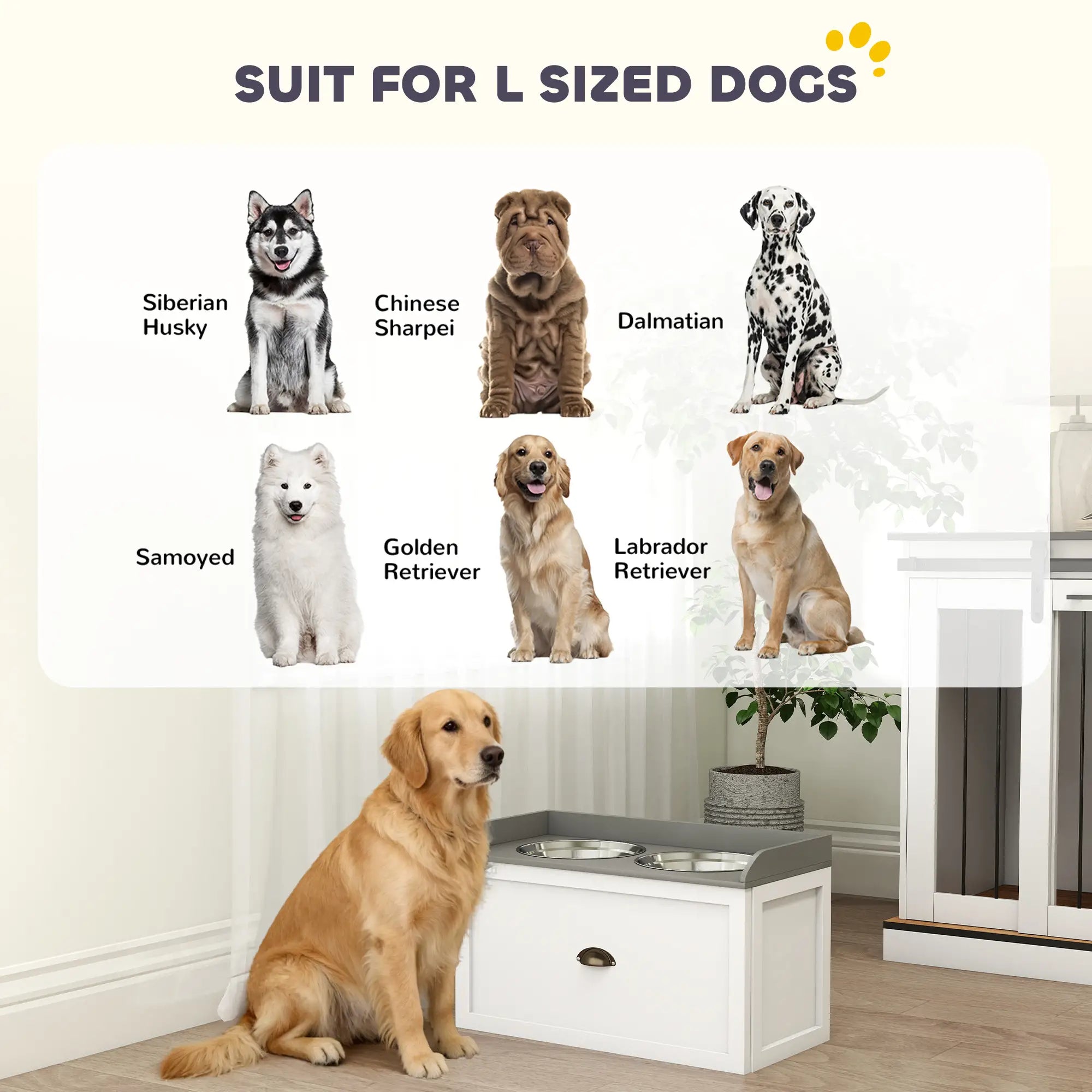 Elevated Dog Bowls Raised Feeding Station with Storage – 2 Stainless Steel Bowls for Large & Senior Dogs