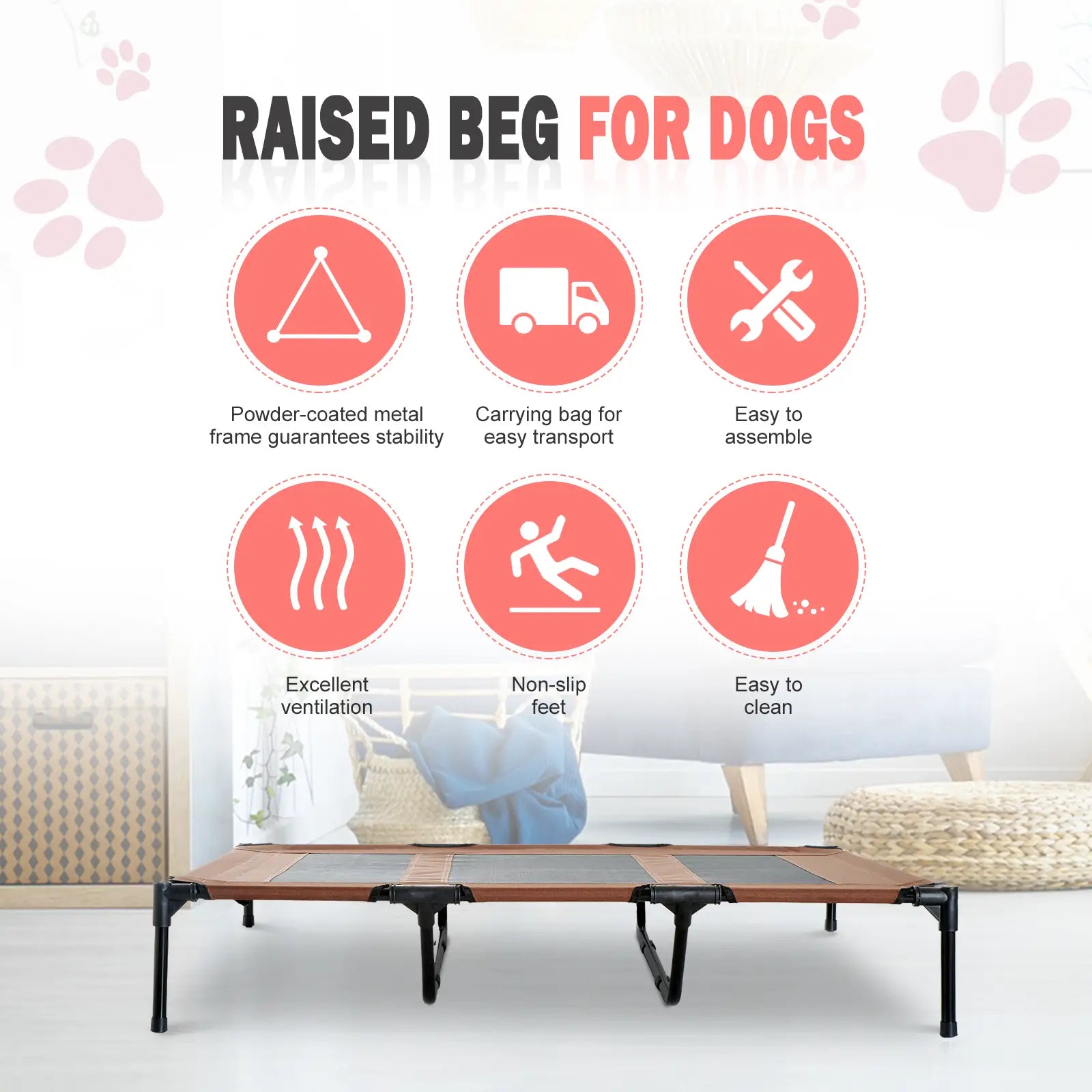 Elevated Dog Bed, Raised Dog Cot for XL Sized Dogs, Indoor & Outdoor, 48" x 36" x 9", Coffee