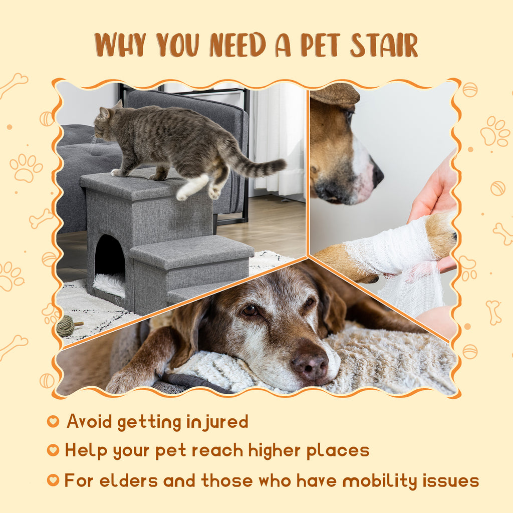 3-Step Dog Stairs with Storage & Condo – Pet Ramp for High Beds & Couches, Soft Washable Plush Cushion