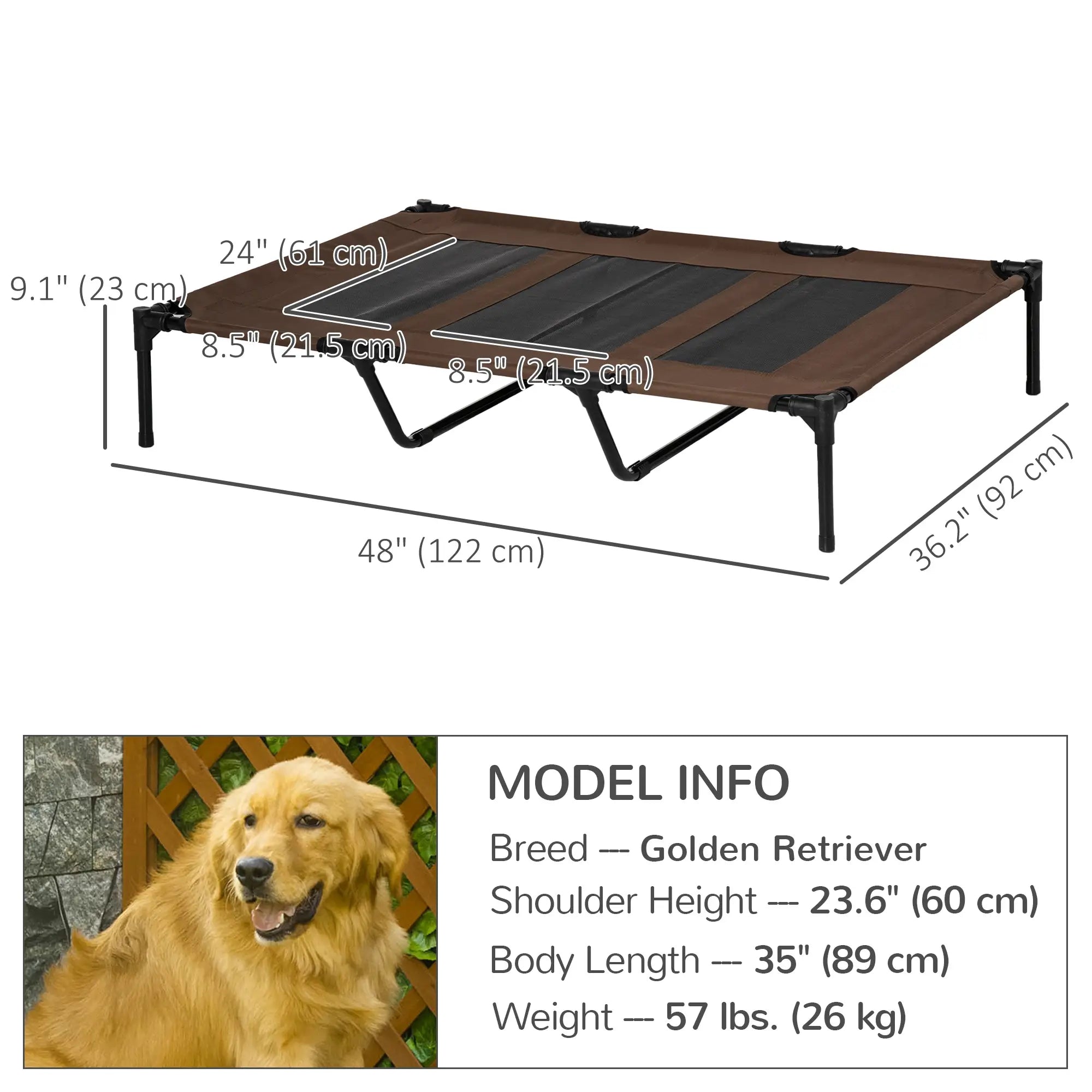 Elevated Dog Bed, Raised Dog Cot for XL Sized Dogs, Indoor & Outdoor, 48" x 36" x 9", Coffee