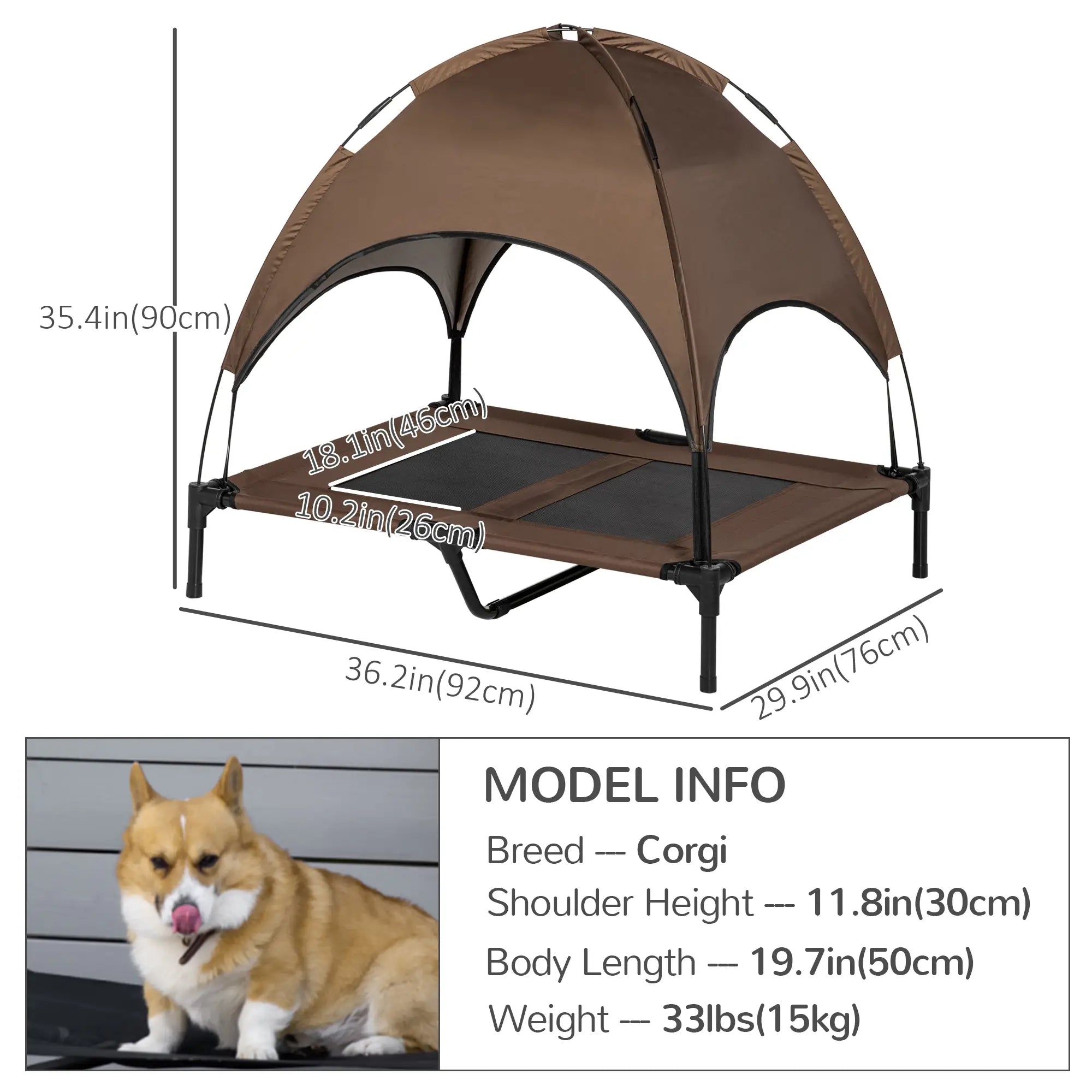 Elevated Dog Bed with Canopy, Portable Raised Dog Cot for L Sized Dogs, Indoor & Outdoor, 36" x 30" x 35", Coffee