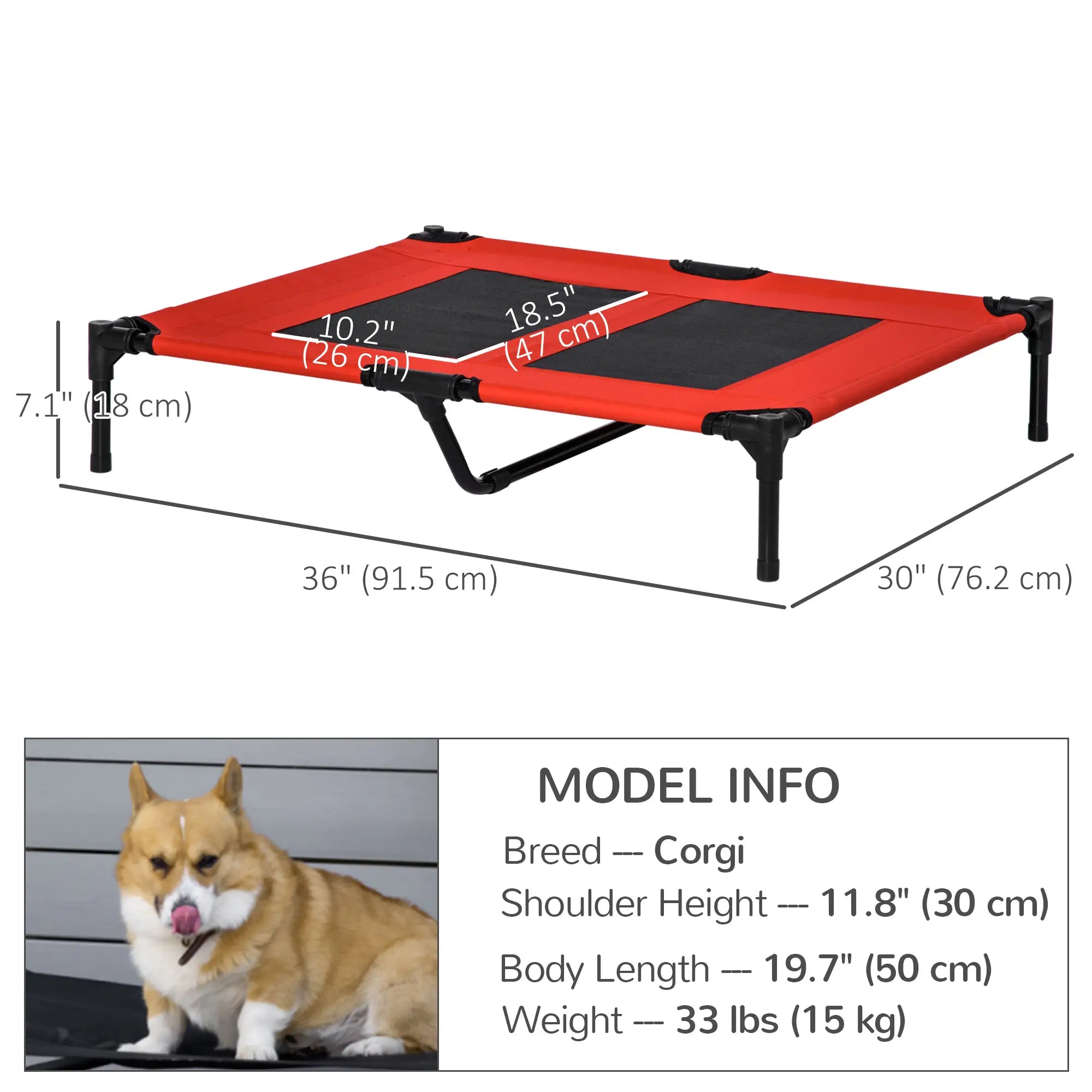 Elevated Dog Bed, Raised Dog Cot for XL Sized Dogs, Indoor & Outdoor, 36" x 30" x 7", Red
