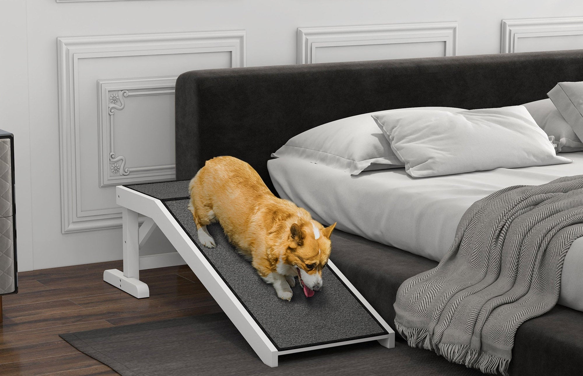 Dog using a pet ramp to get onto a bed in a bedroom setting