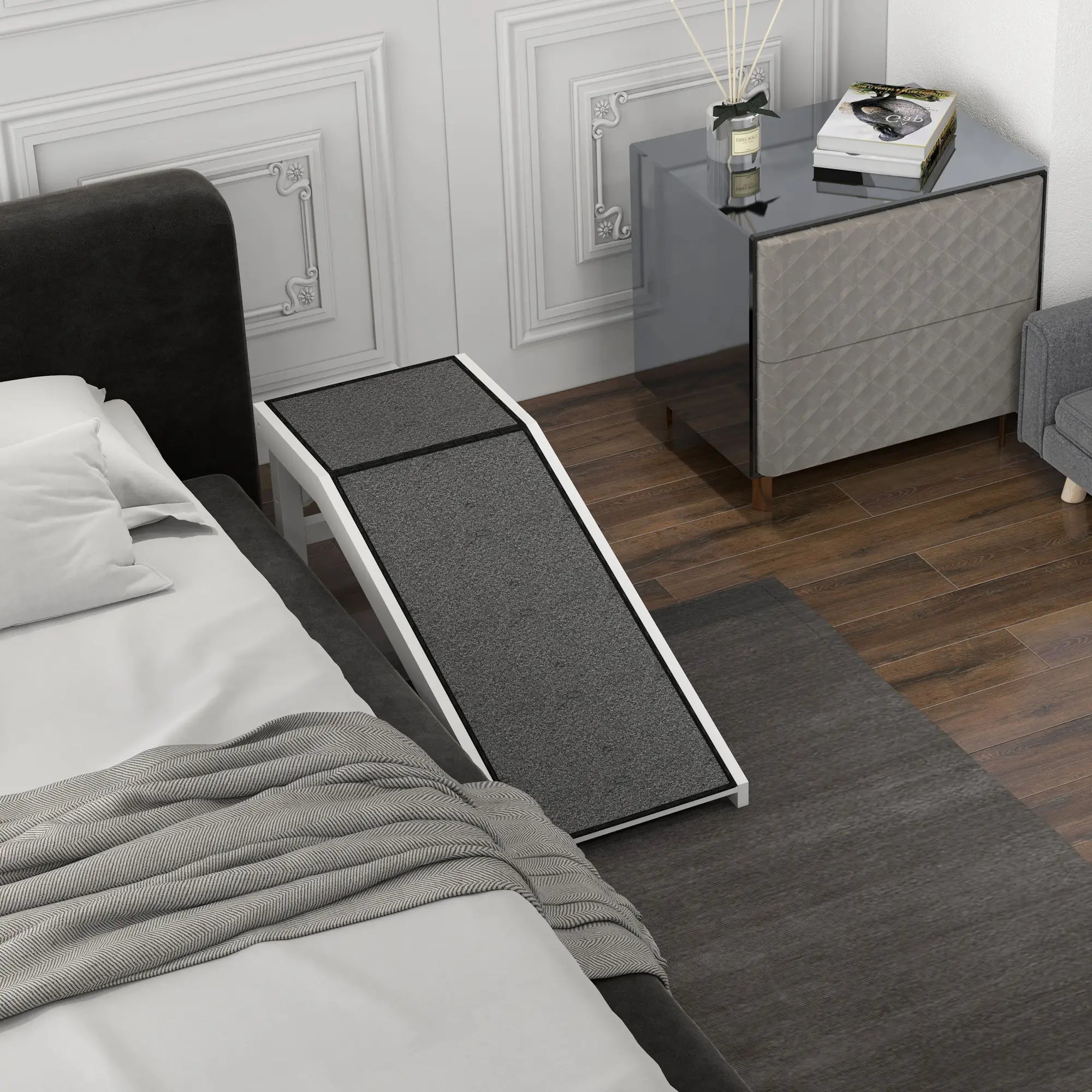 Pet Ramp, Bed Steps for Dogs Cats with Non-slip Carpet, 49"L x 16"W x 14"H, White Grey