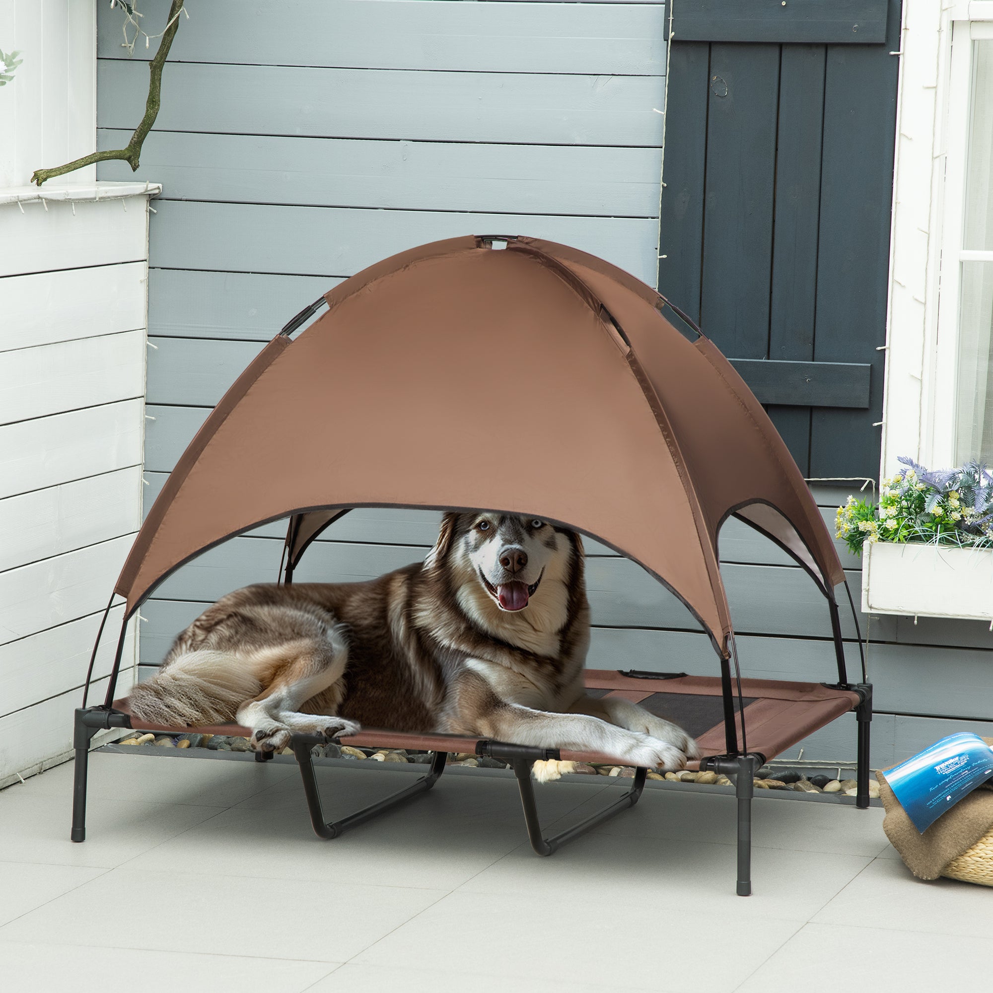 Elevated Dog Bed with Canopy, Portable Raised Dog Cot for XL Sized Dogs, Indoor & Outdoor, 48" x 36" x 43", Coffee