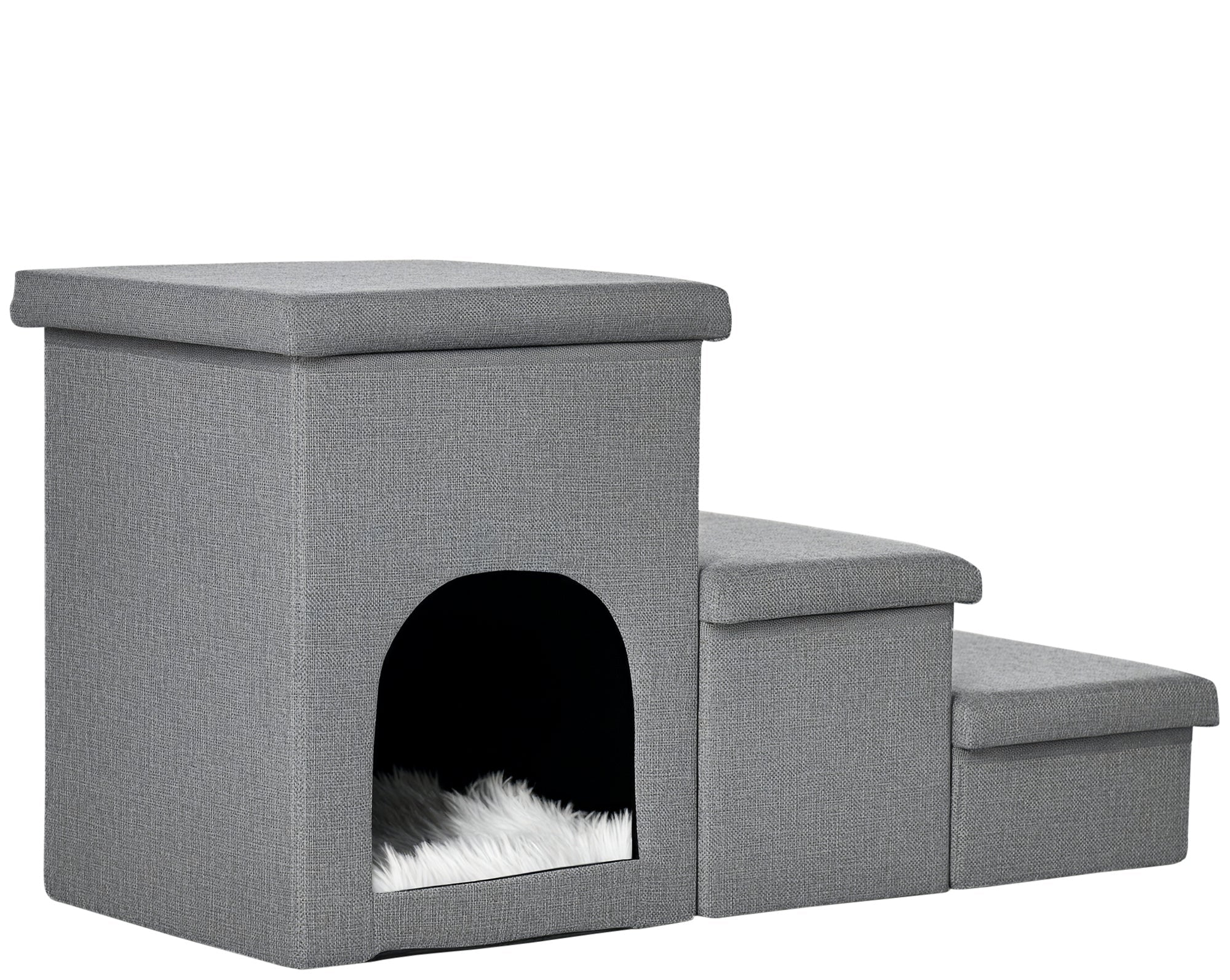 Gray pet bed with steps and a small opening on a white background